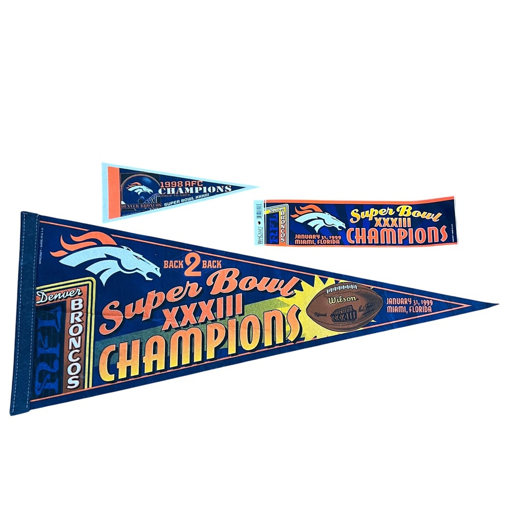 Vtg Denver Broncos Pennants Bumper Sticker Super Bowl 32 33 1999 Champions 30"